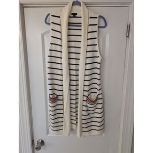 Talbots Womens Medium Striped Open Front Sweater Vest Ivory Pockets Americana
